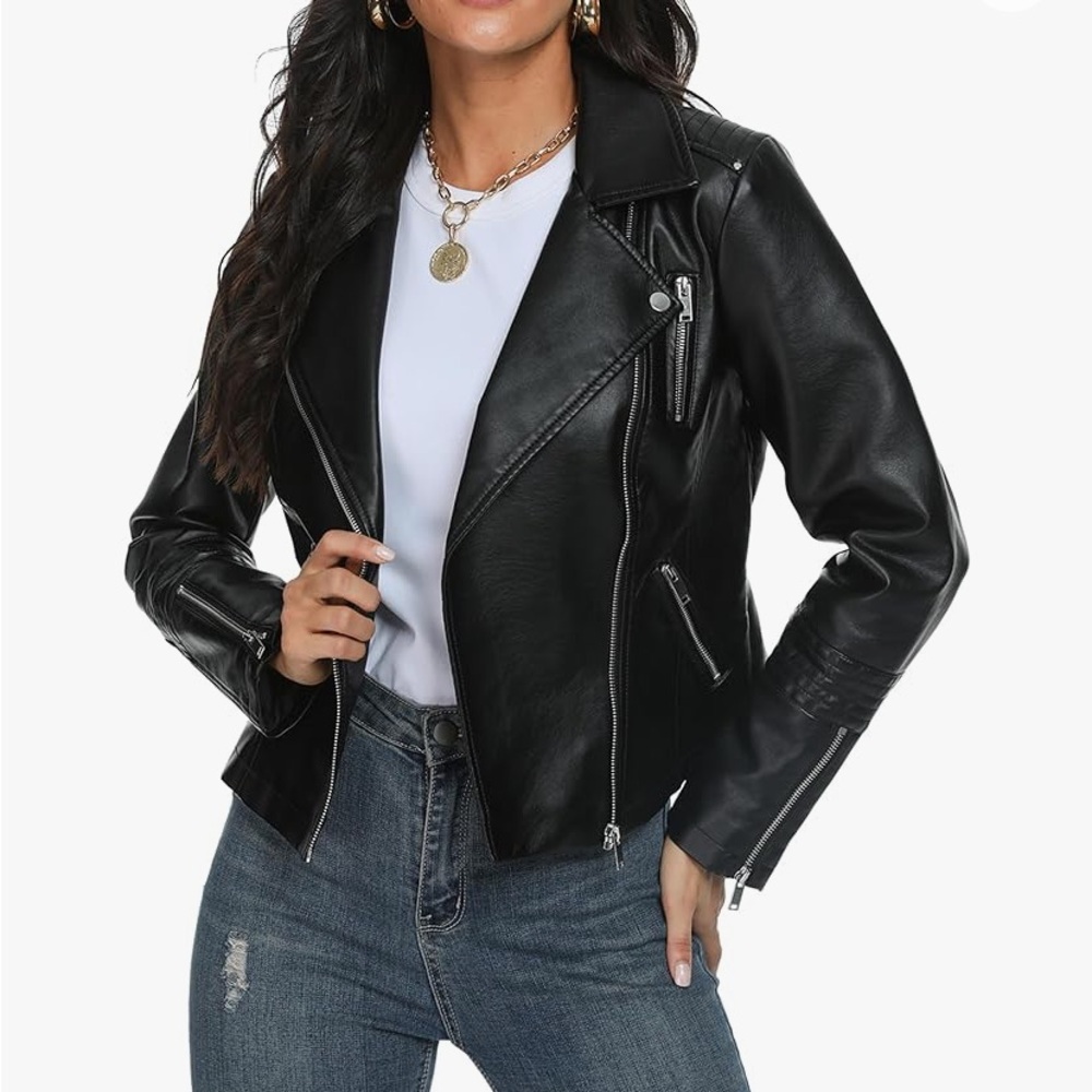 Black Faux Leather Moto Jacket Women’s Small Biker Vegan Leather Jacket